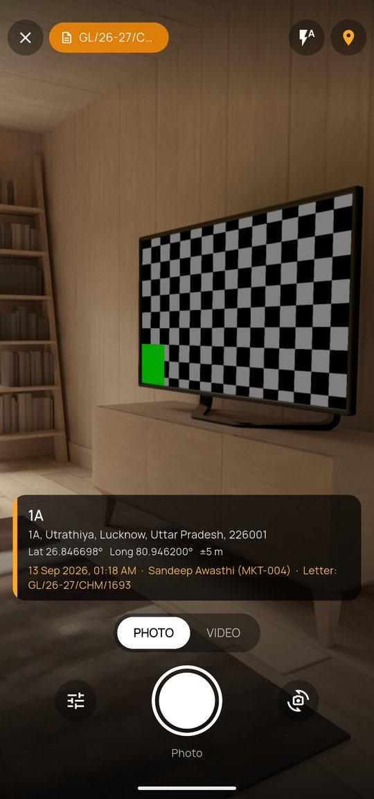 Field camera with the live stamp showing address, latitude, longitude, time, person and letter number