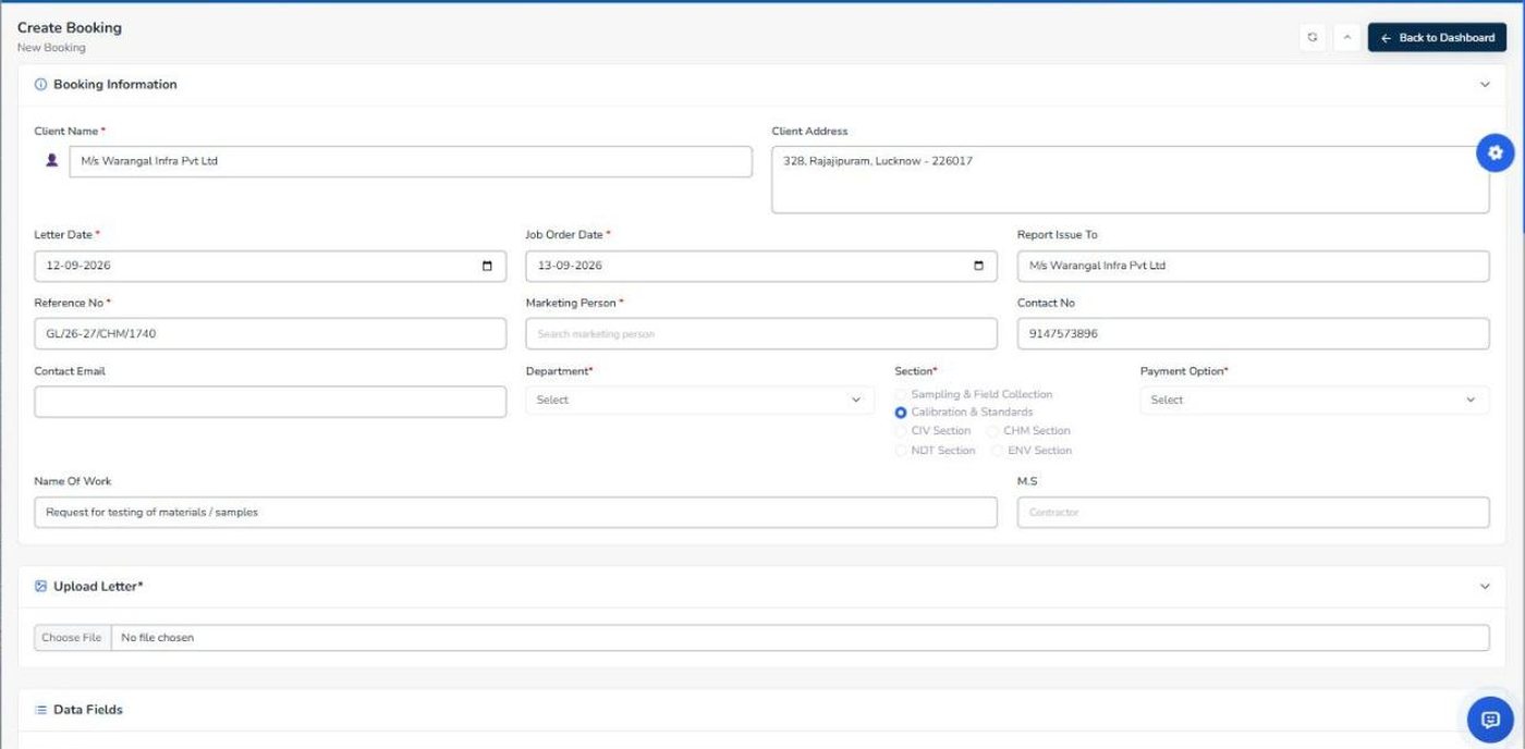 New Booking form with client, reference number, dates and name of work filled in