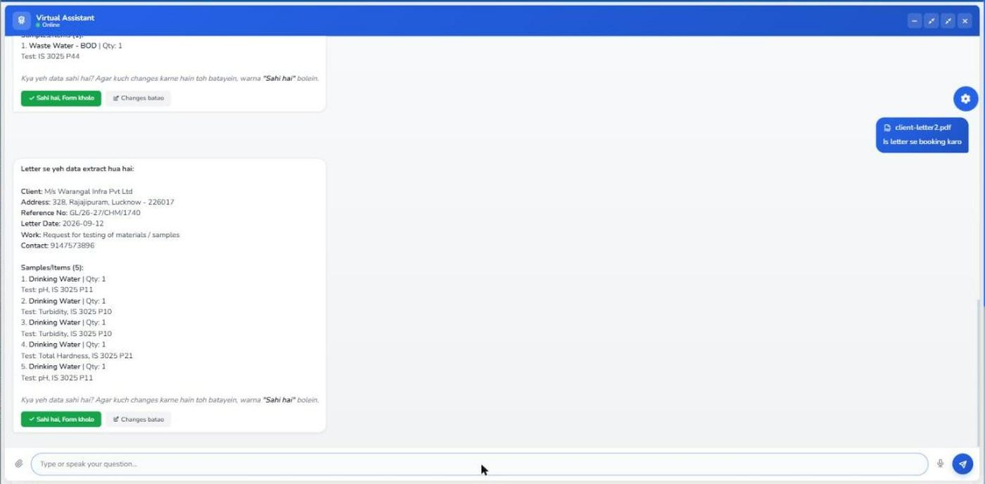 The assistant showing client, reference and five samples read from an uploaded letter