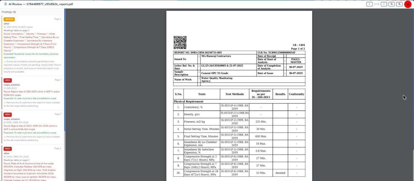 AI review of a cement test report with five findings beside the report page
