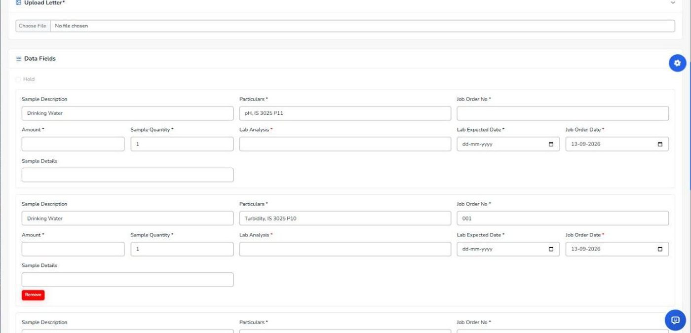 Sample rows filled with description, test method and quantity