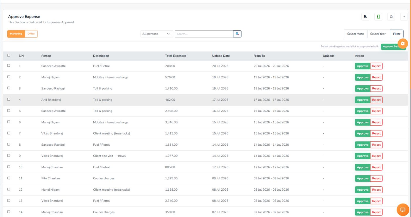 Approve Expenses screen