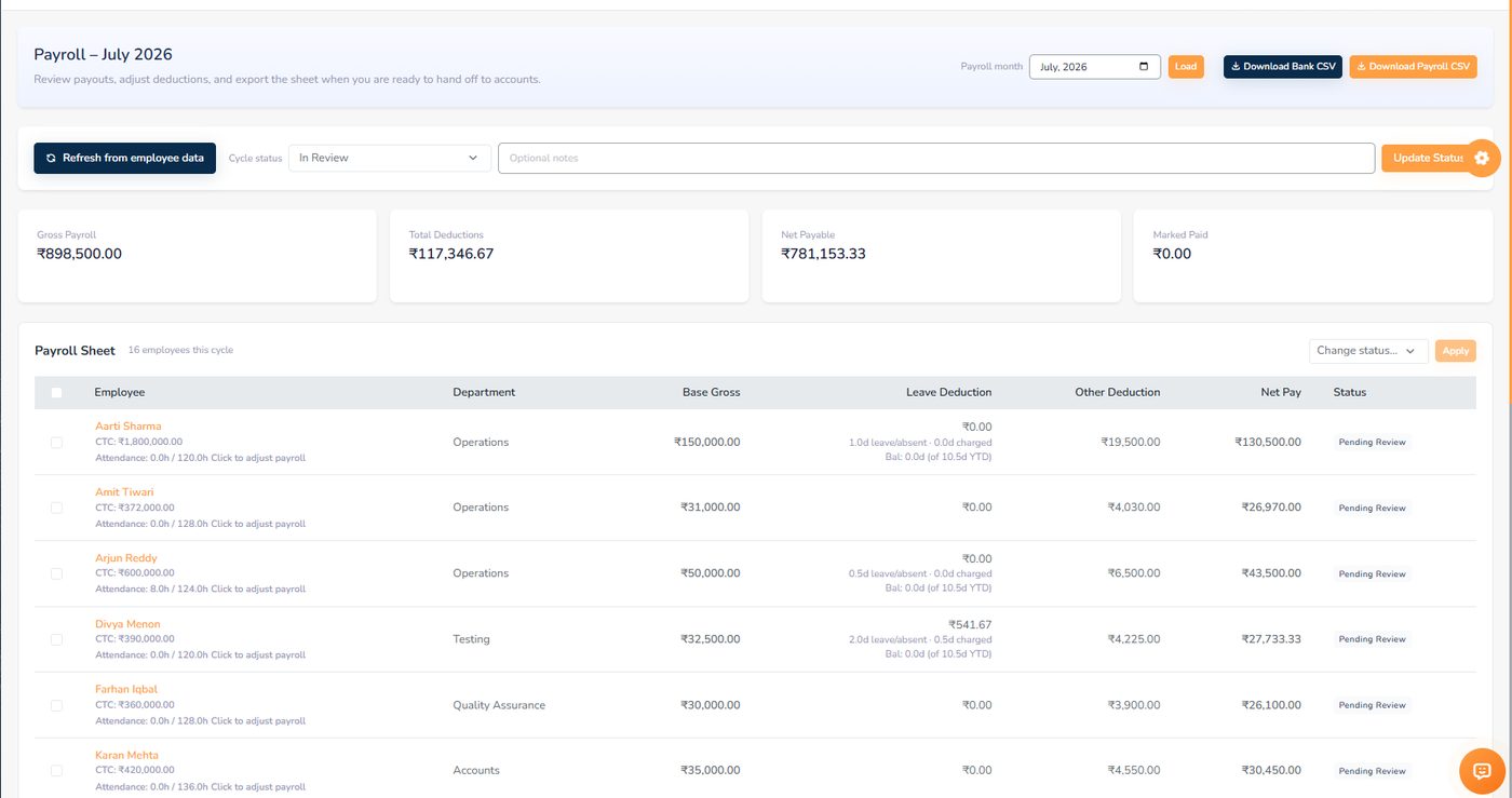Payroll screen